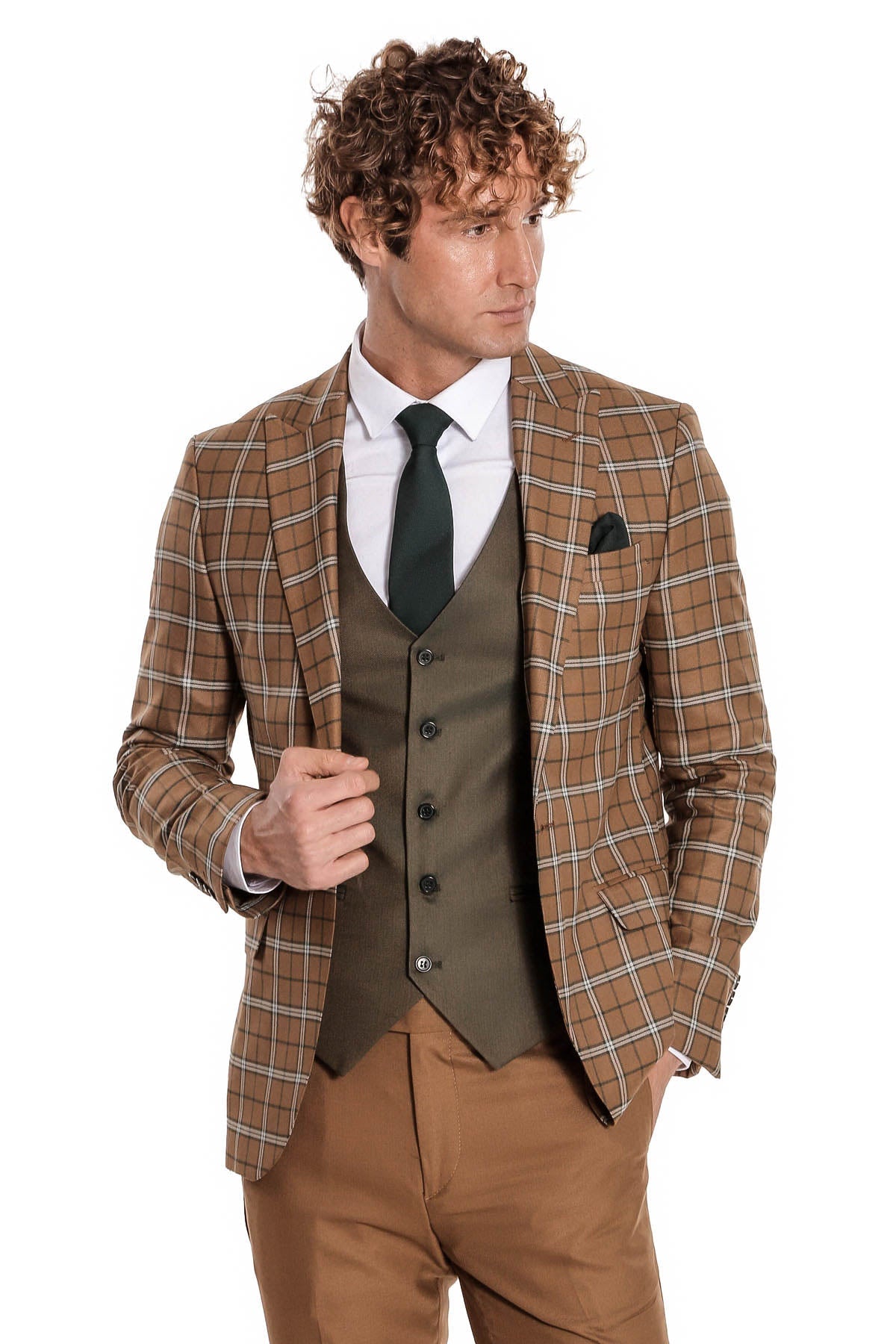 Kahverengi Yelekli Slim Fit Ekose Taba Erkek Takım Elbise - Wessi