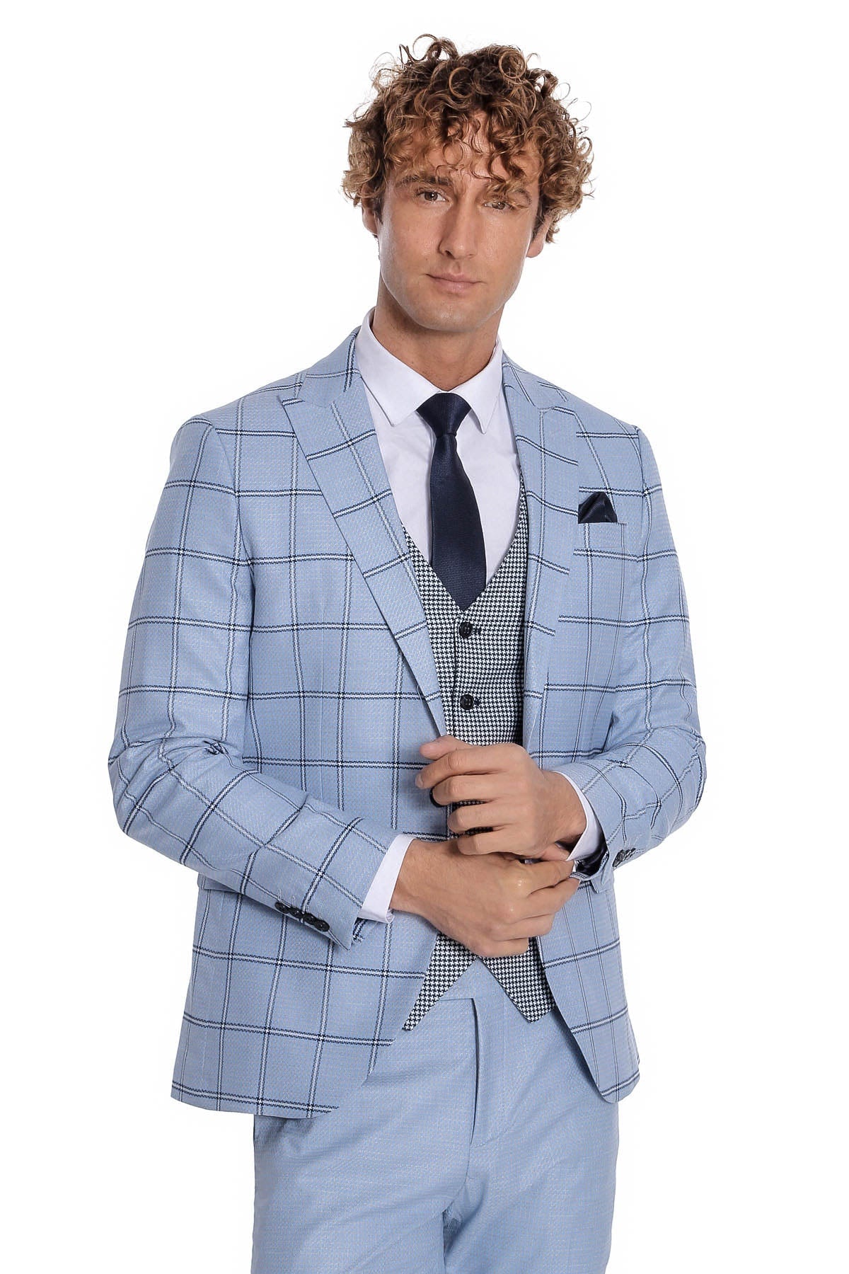Ekose Desenli Dar Kesim Açık Mavi Erkek Takım - Wessi