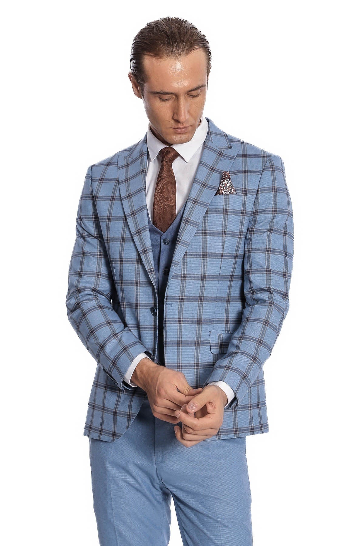 Ekose Ceketli Desenli Slim Fit Mavi Erkek Takım Elbise - Wessi