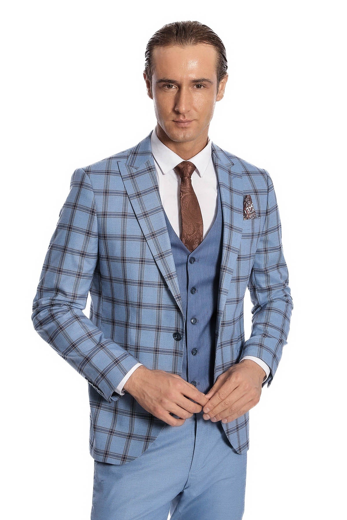 Ekose Ceketli Desenli Slim Fit Mavi Erkek Takım Elbise - Wessi