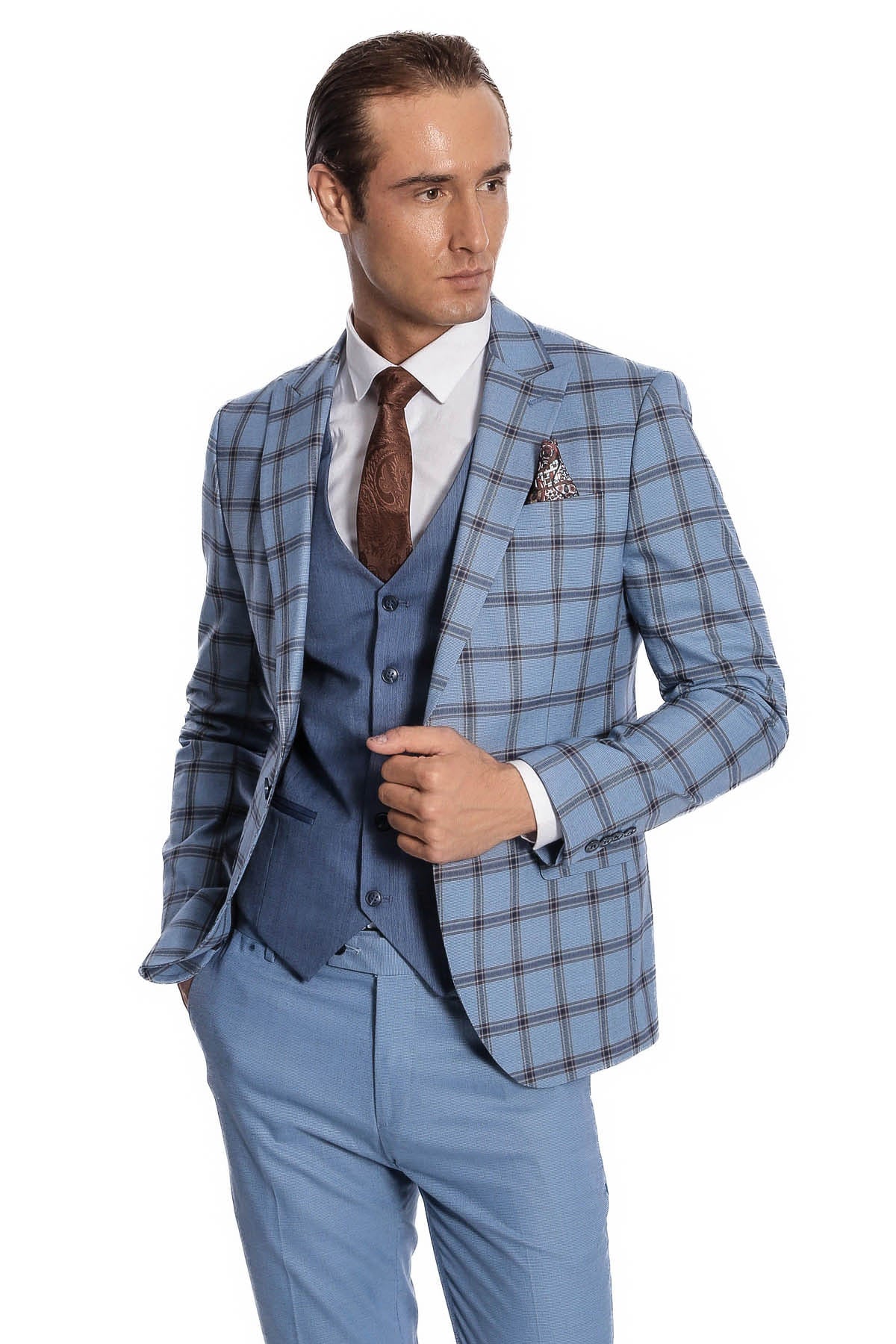 Ekose Ceketli Desenli Slim Fit Mavi Erkek Takım Elbise - Wessi