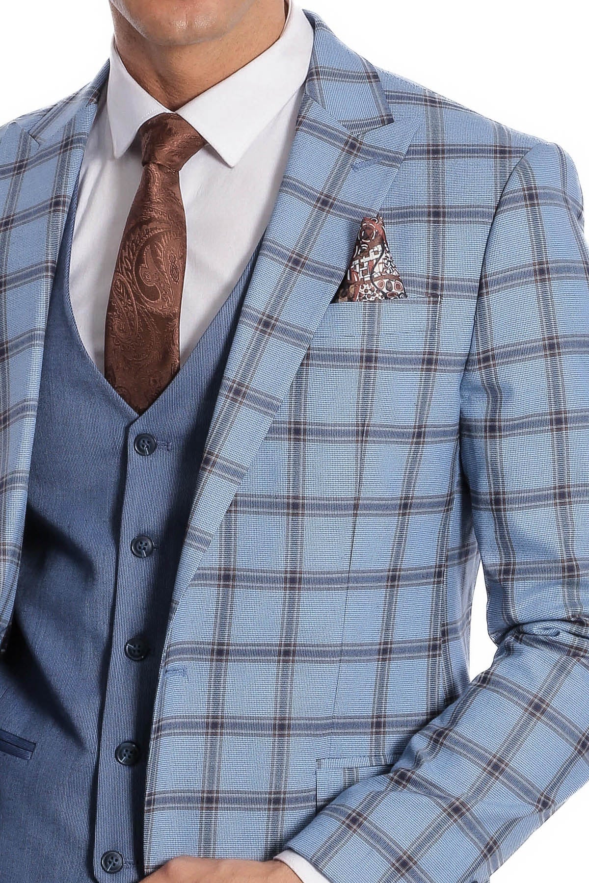 Ekose Ceketli Desenli Slim Fit Mavi Erkek Takım Elbise - Wessi