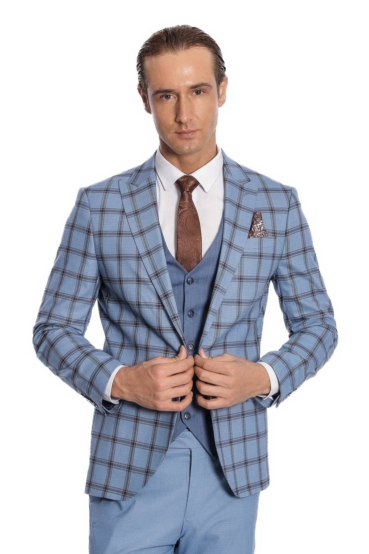 Ekose Ceketli Desenli Slim Fit Mavi Erkek Takım Elbise - Wessi