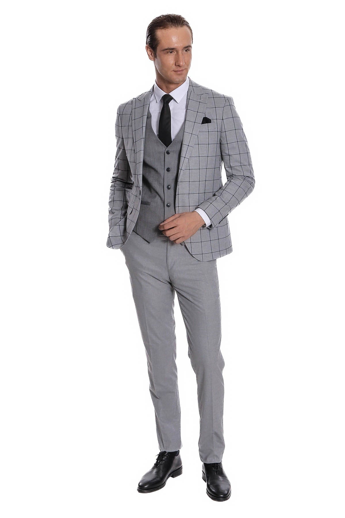 Ekose Ceketli Desenli Slim Fit Gri Erkek Takım Elbise - Wessi