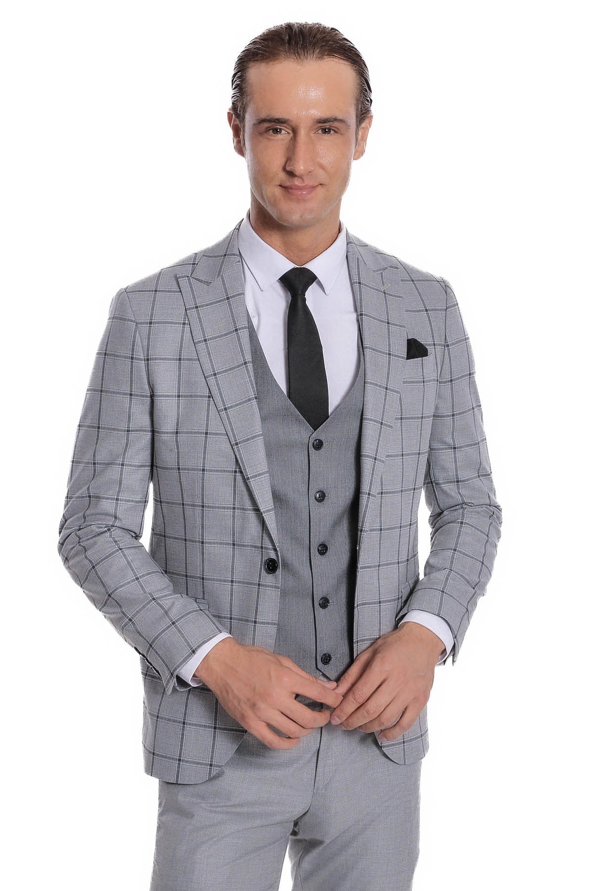 Ekose Ceketli Desenli Slim Fit Gri Erkek Takım Elbise - Wessi
