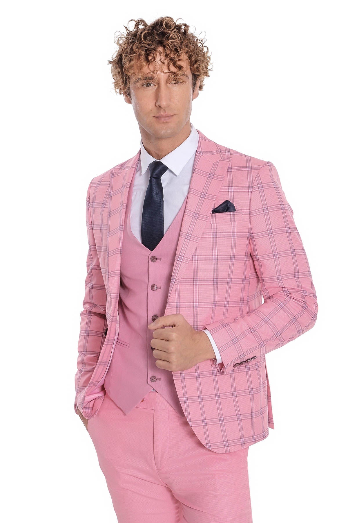 Ekose Ceketli Desenli Slim Fit Pembe Erkek Takım Elbise - Wessi