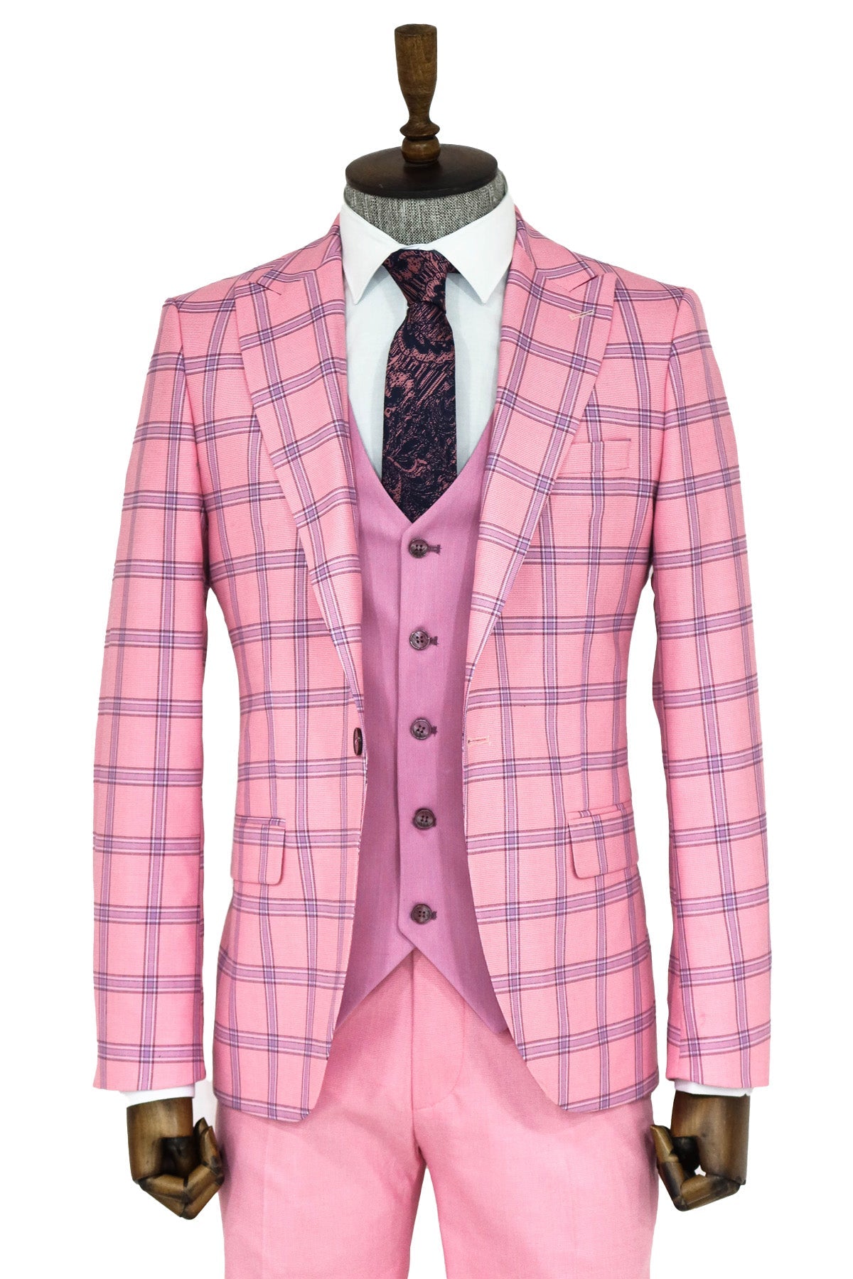 Ekose Ceketli Desenli Slim Fit Pembe Erkek Takım Elbise - Wessi
