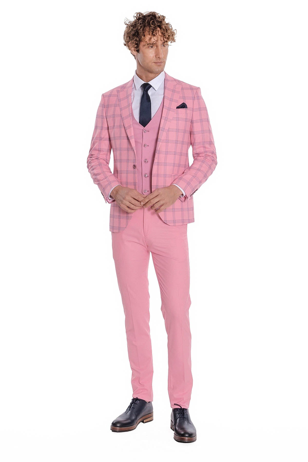 Ekose Ceketli Desenli Slim Fit Pembe Erkek Takım Elbise - Wessi