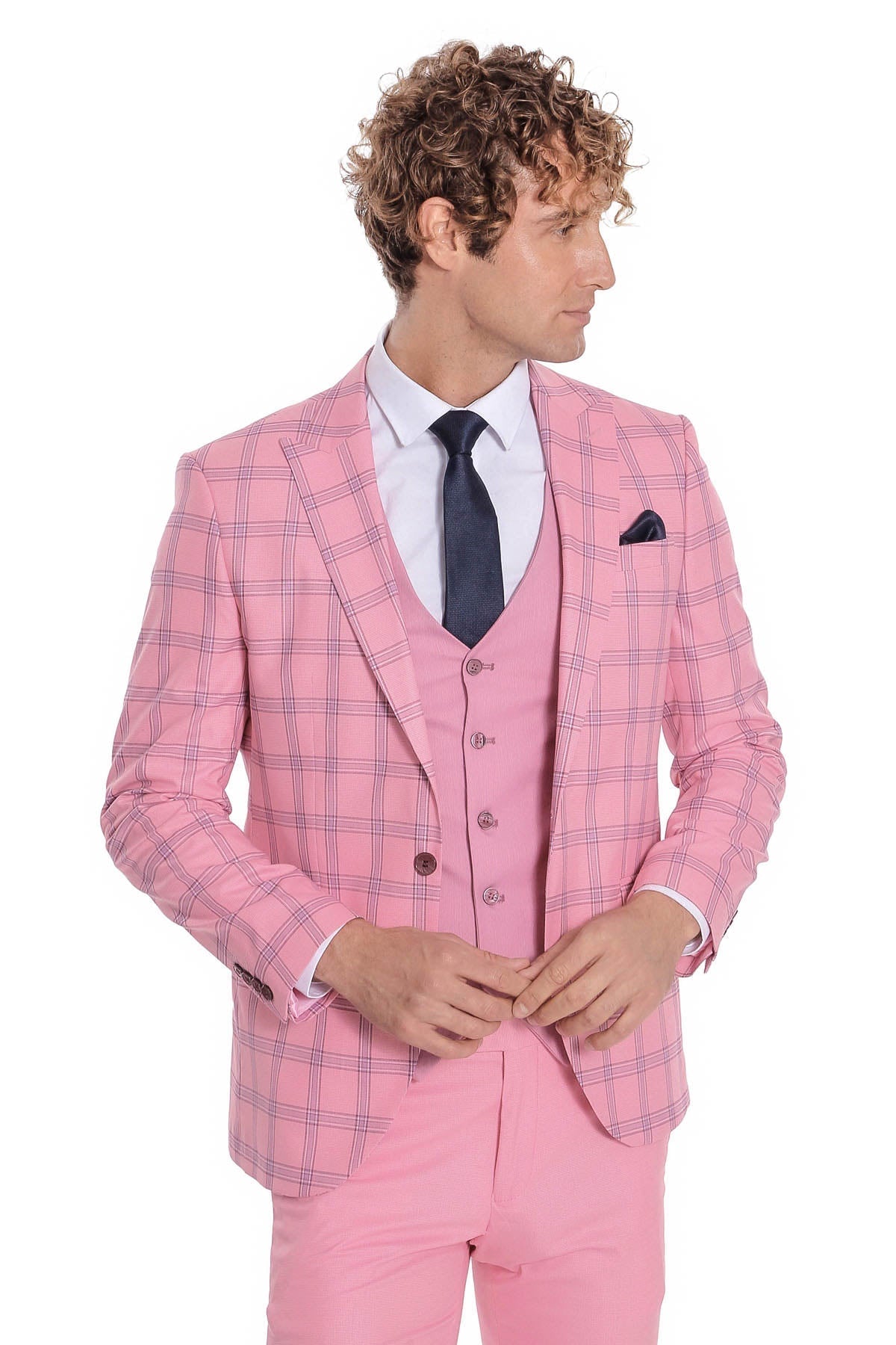 Ekose Ceketli Desenli Slim Fit Pembe Erkek Takım Elbise - Wessi
