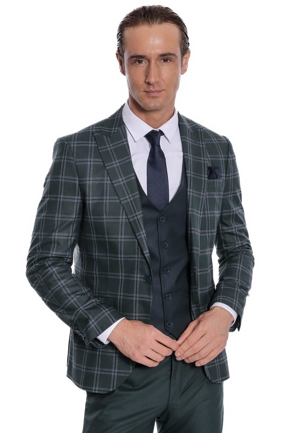 Ekose Ceketli Desenli Slim Fit Yeşil Erkek Takım Elbise - Wessi