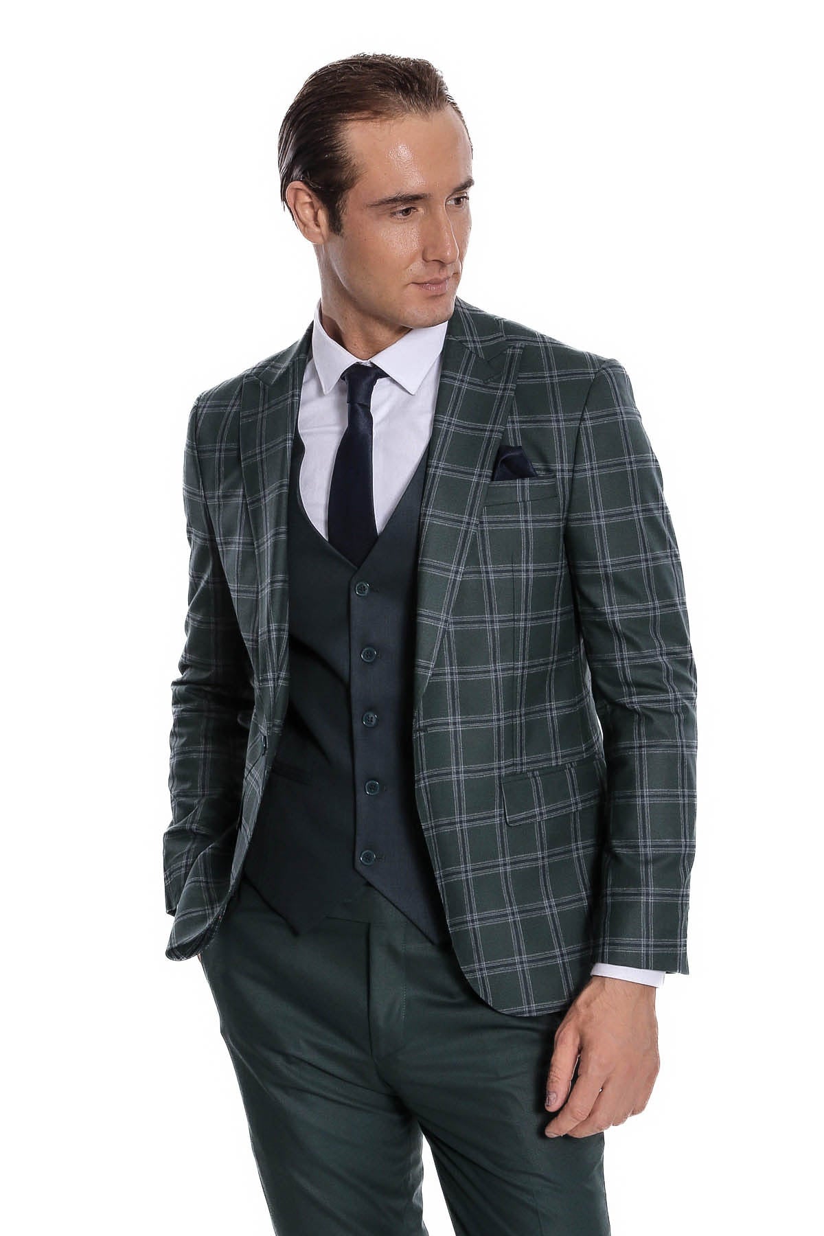 Ekose Ceketli Desenli Slim Fit Yeşil Erkek Takım Elbise - Wessi