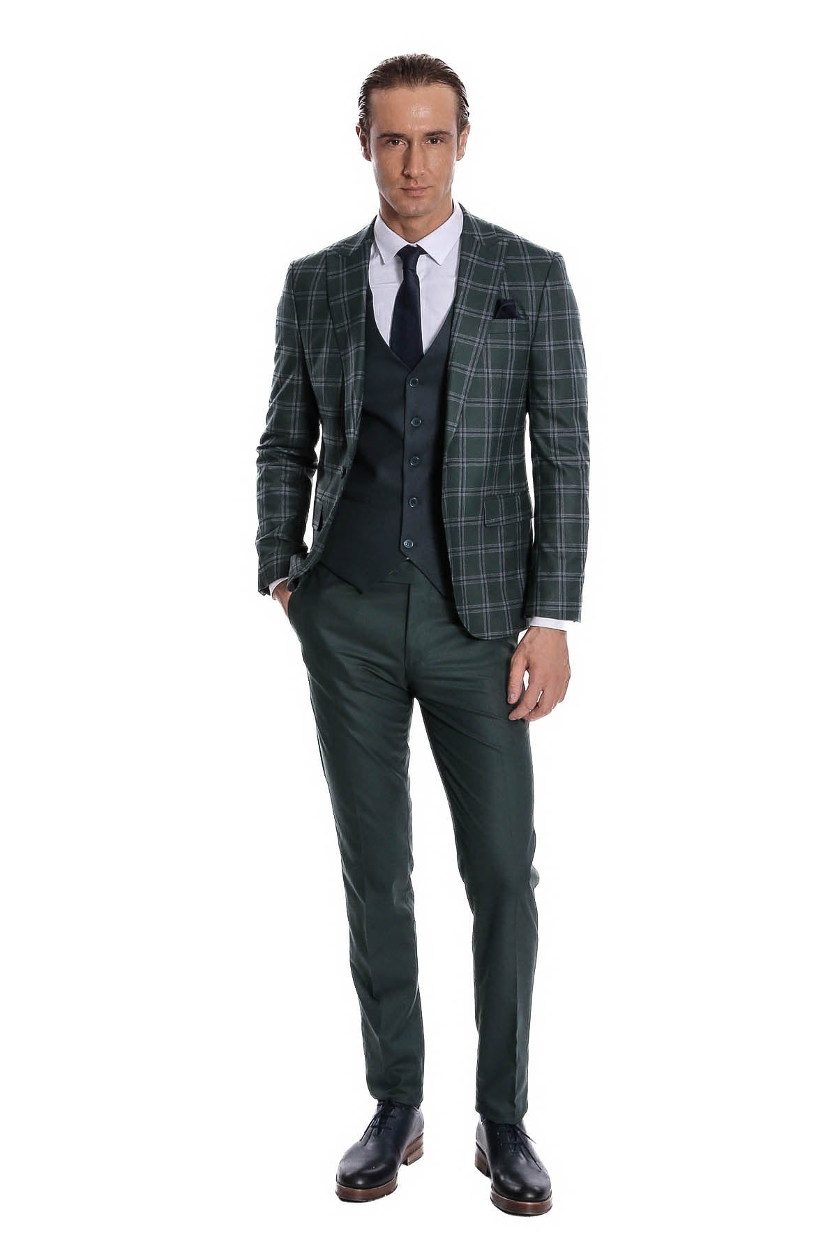 Ekose Ceketli Desenli Slim Fit Yeşil Erkek Takım Elbise - Wessi