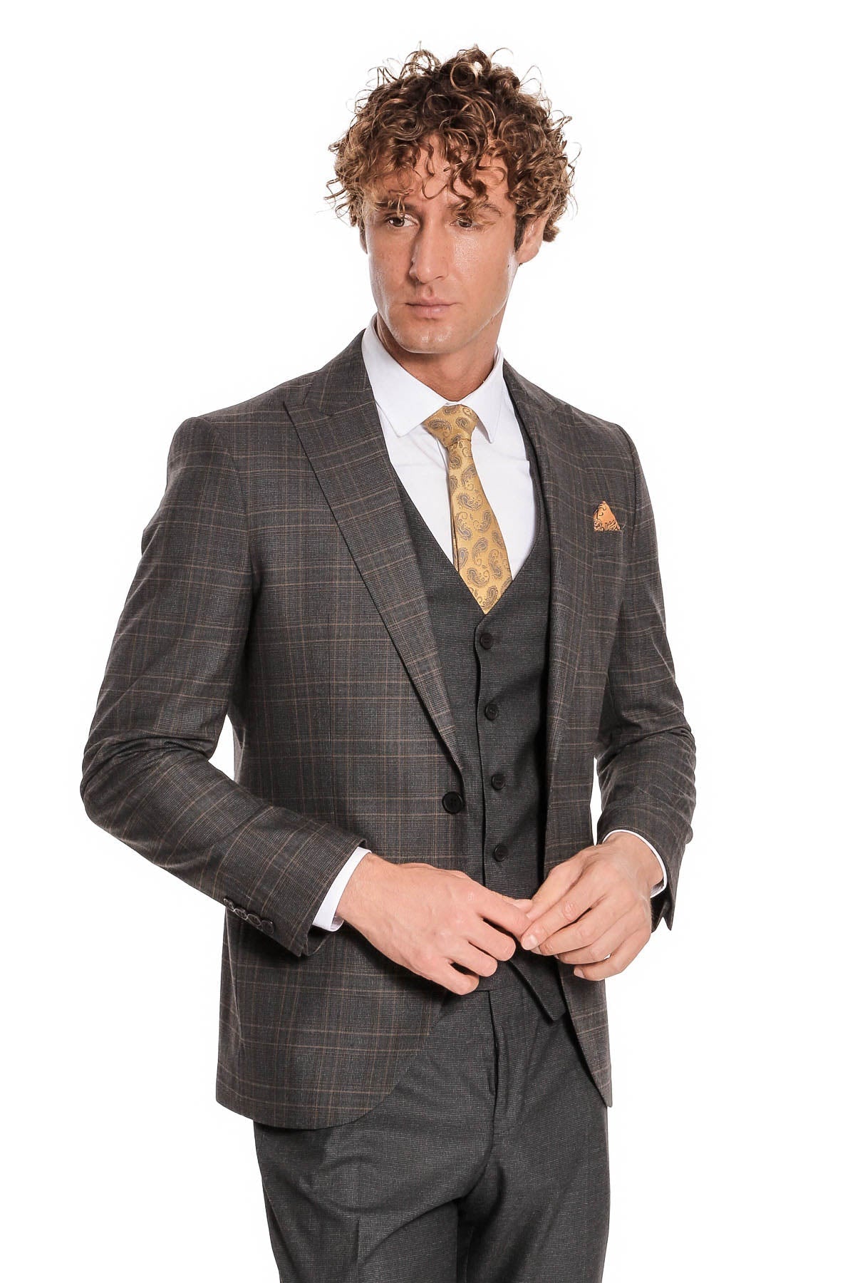 Ekose Ceketli Slim Fit Füme Erkek Takım Elbise - Wessi