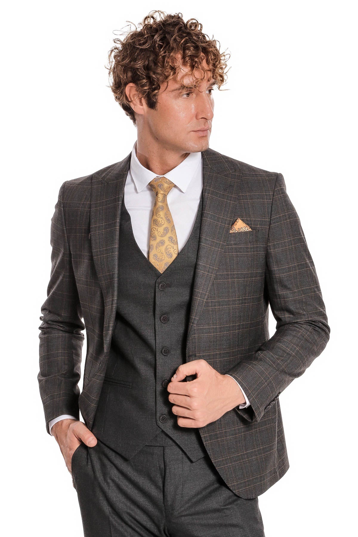 Ekose Ceketli Slim Fit Füme Erkek Takım Elbise - Wessi