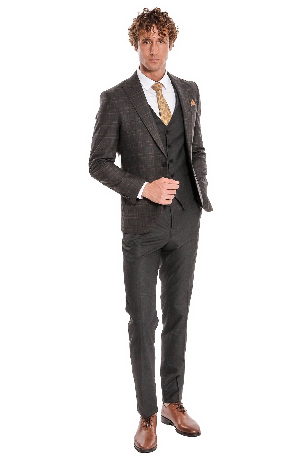 Ekose Ceketli Slim Fit Füme Erkek Takım Elbise - Wessi