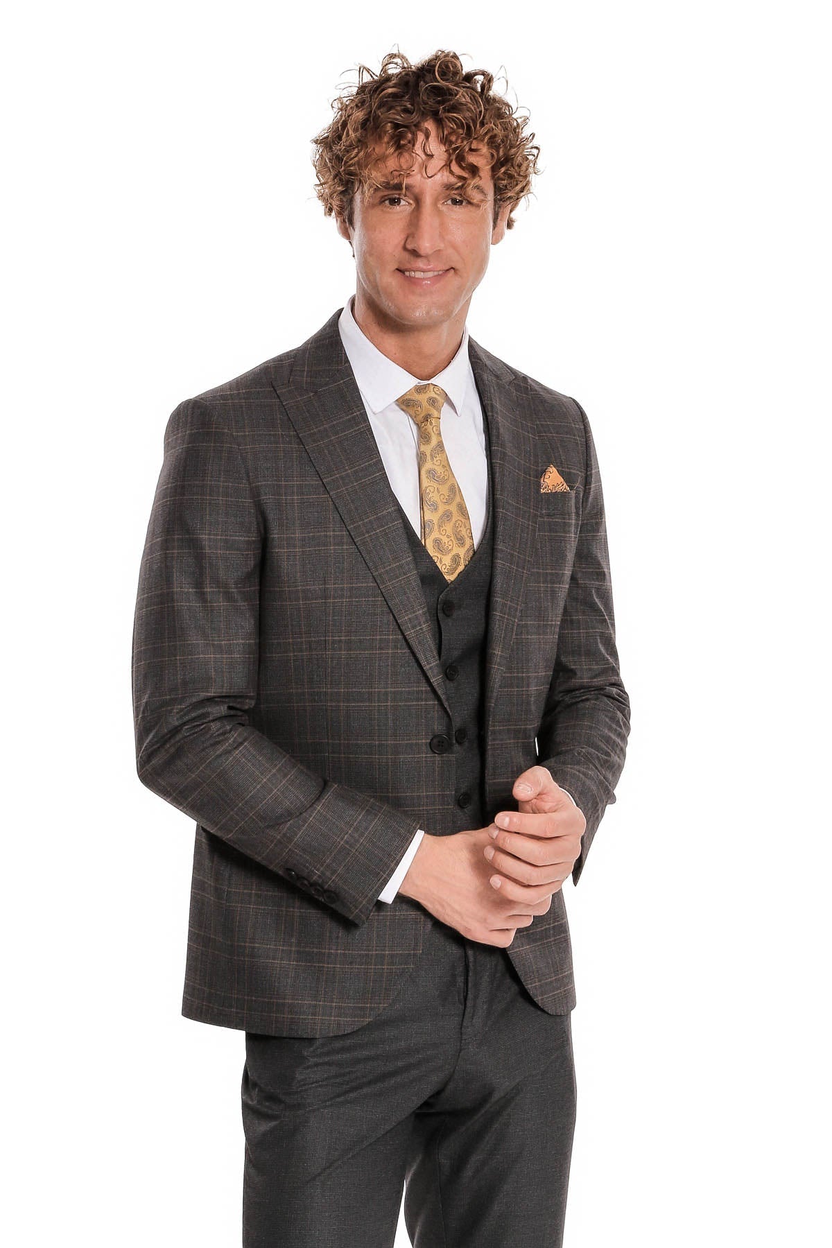 Ekose Ceketli Slim Fit Füme Erkek Takım Elbise - Wessi