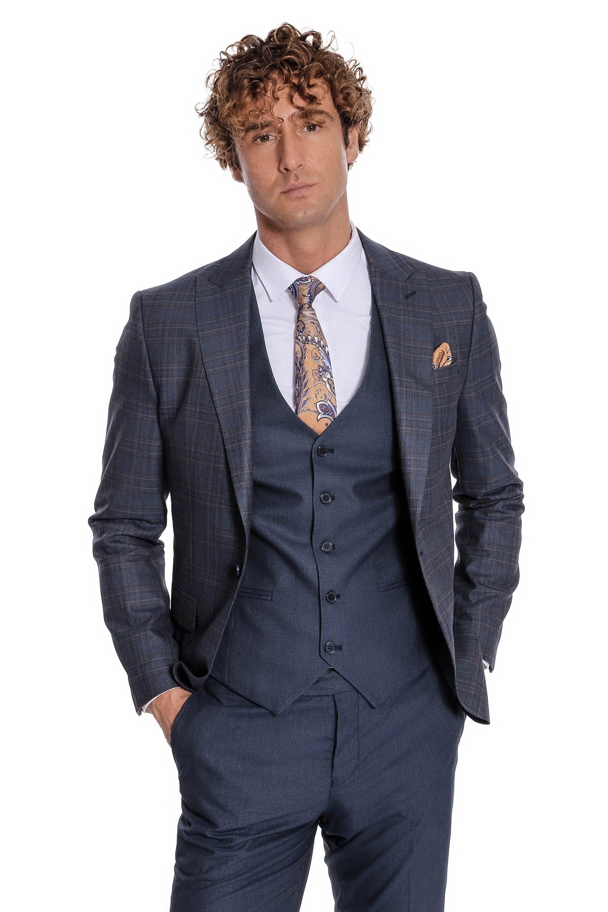 Ekose Ceketli Slim Fit Lacivert Erkek Takım Elbise - Wessi