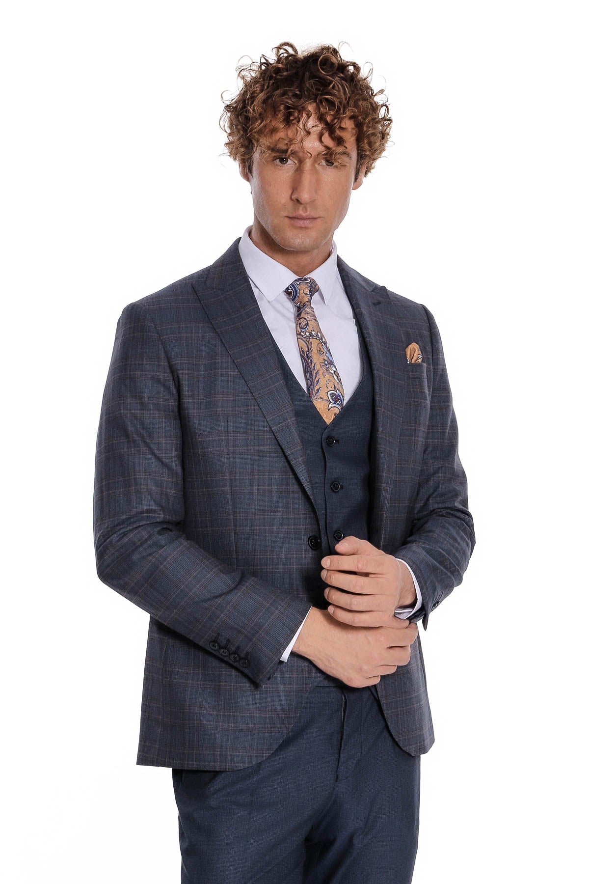 Ekose Ceketli Slim Fit Lacivert Erkek Takım Elbise - Wessi