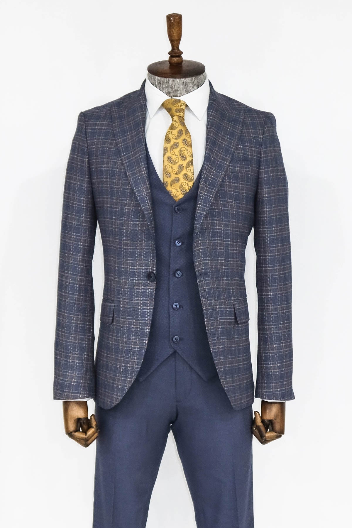 Ekose Ceketli Slim Fit Mavi Erkek Takım Elbise - Wessi