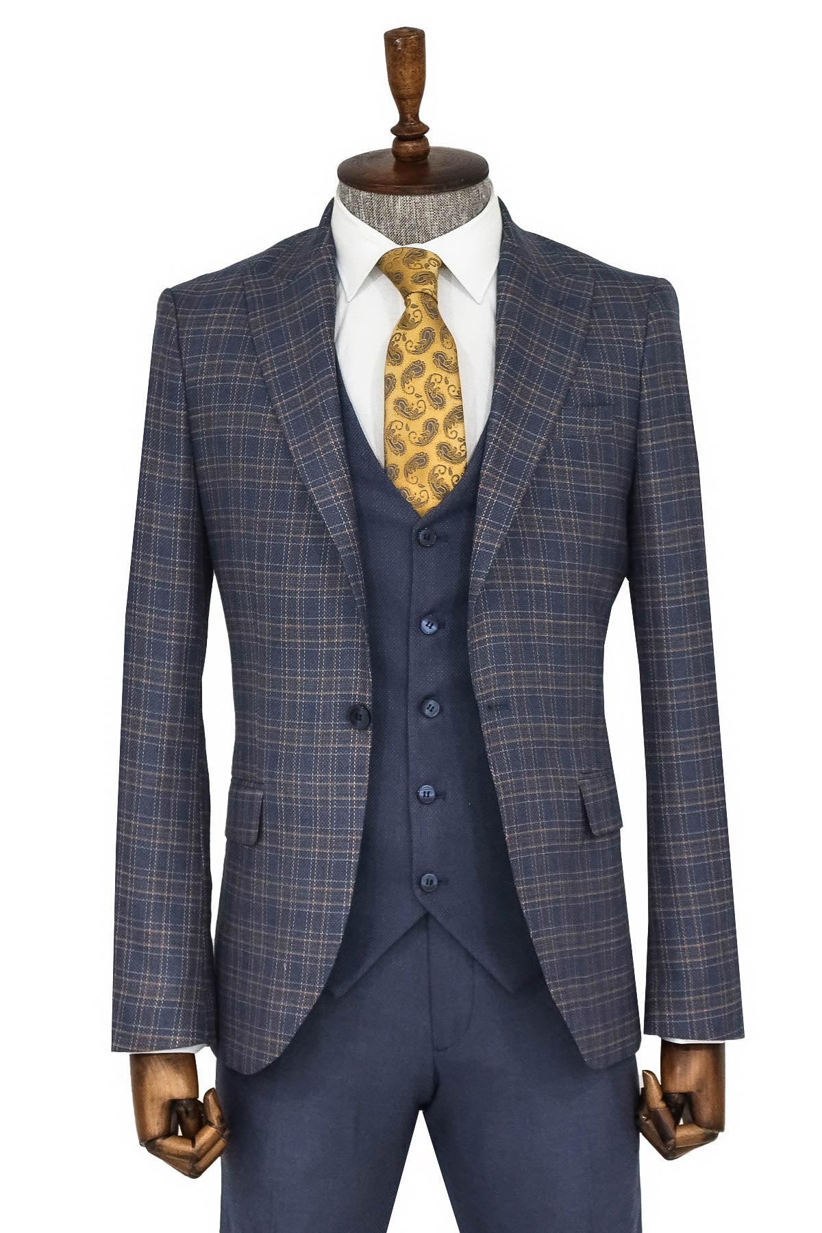 Ekose Ceketli Slim Fit Mavi Erkek Takım Elbise - Wessi