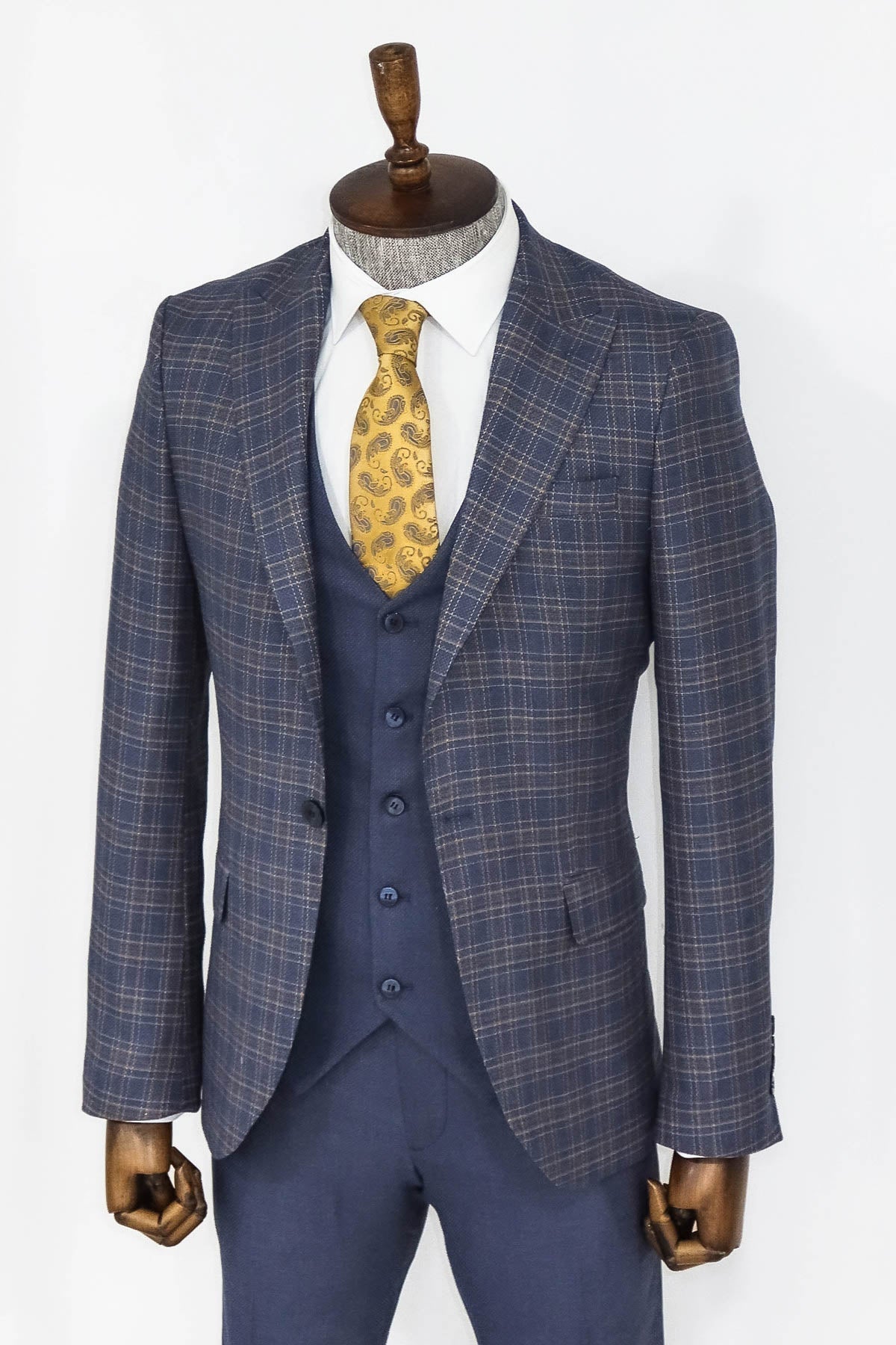 Ekose Ceketli Slim Fit Mavi Erkek Takım Elbise - Wessi
