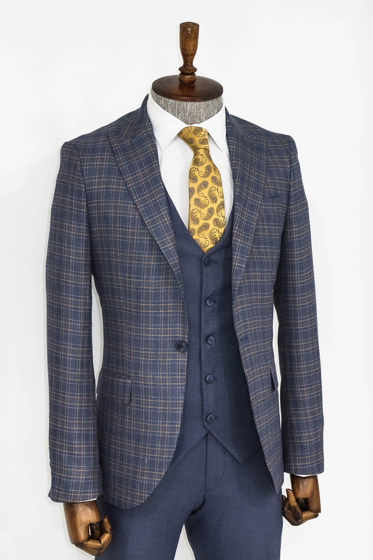 Ekose Ceketli Slim Fit Mavi Erkek Takım Elbise - Wessi