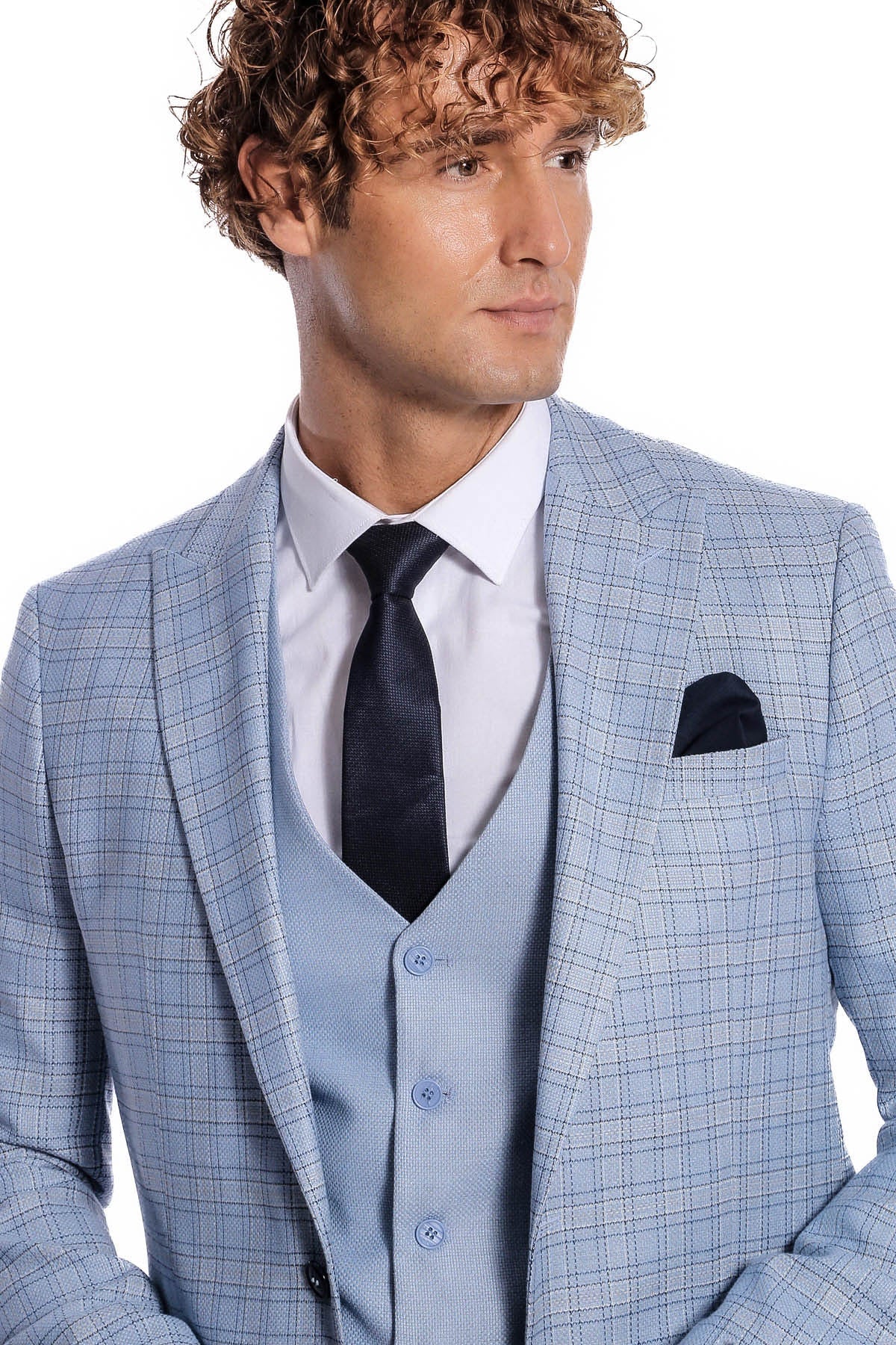 Ekose Ceketli Slim Fit Açık Mavi Erkek Takım Elbise - Wessi