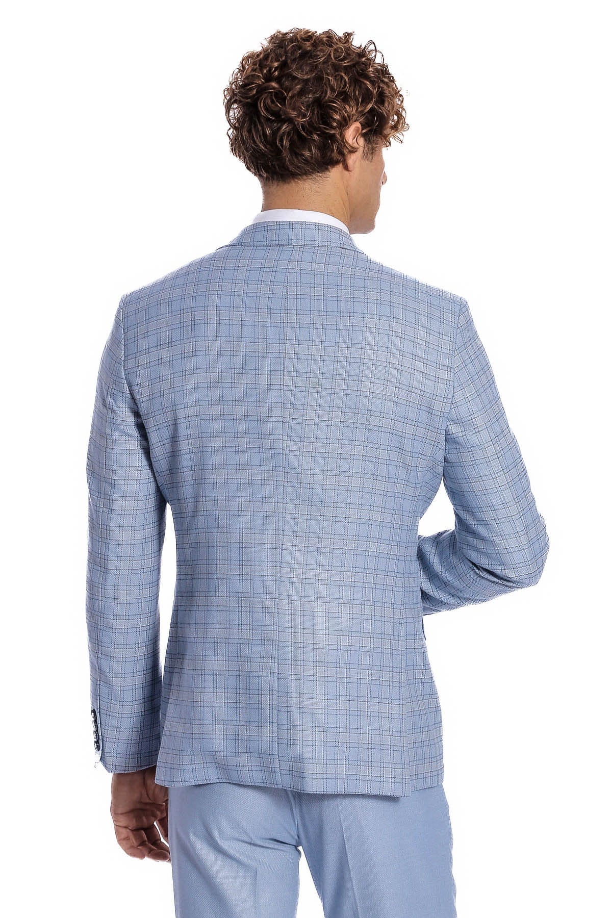 Ekose Ceketli Slim Fit Açık Mavi Erkek Takım Elbise - Wessi