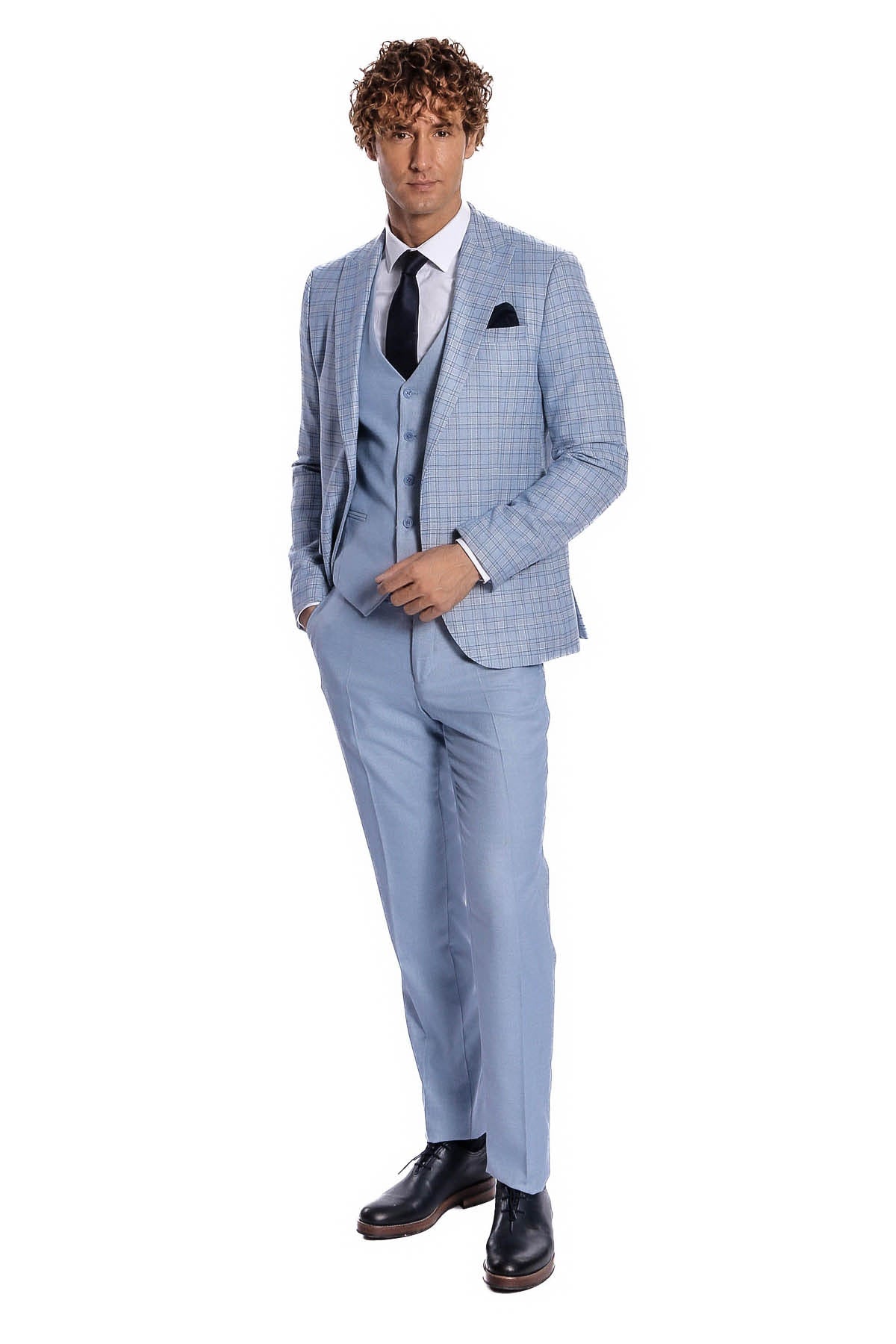 Ekose Ceketli Slim Fit Açık Mavi Erkek Takım Elbise - Wessi