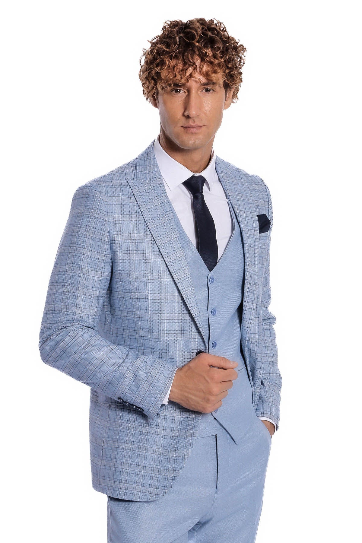 Ekose Ceketli Slim Fit Açık Mavi Erkek Takım Elbise - Wessi