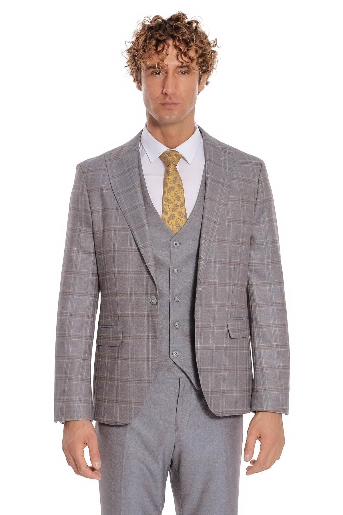 Ekose Ceketli Slim Fit Açık Mavi Erkek Takım Elbise - Wessi