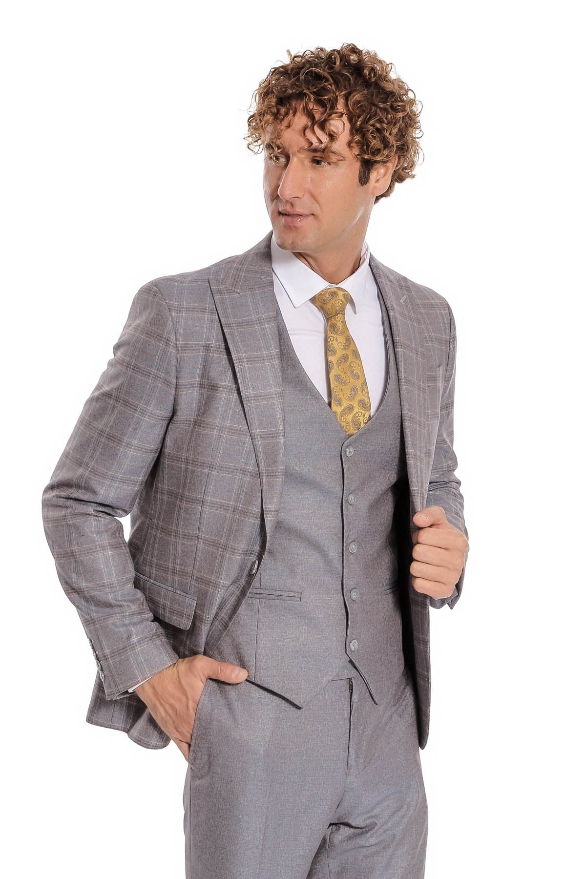 Ekose Ceketli Slim Fit Açık Mavi Erkek Takım Elbise - Wessi