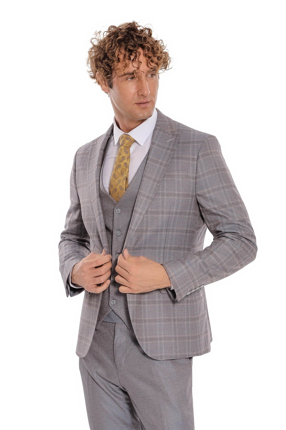 Ekose Ceketli Slim Fit Açık Mavi Erkek Takım Elbise - Wessi