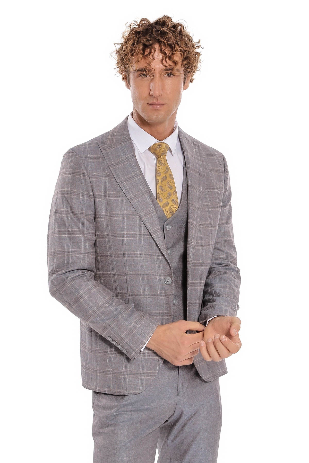 Ekose Ceketli Slim Fit Açık Mavi Erkek Takım Elbise - Wessi