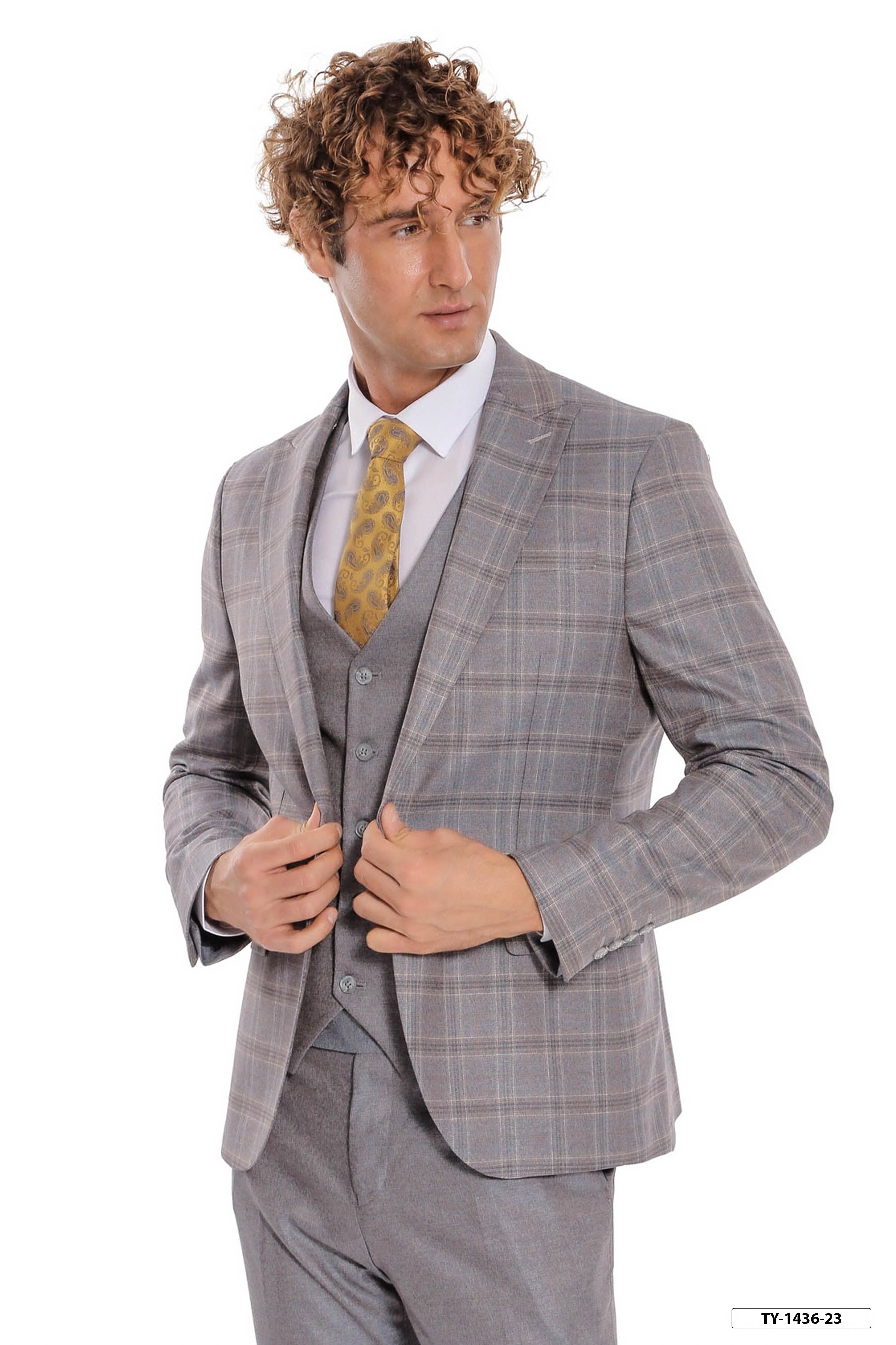 Ekose Ceketli Slim Fit Açık Mavi Erkek Takım Elbise - Wessi