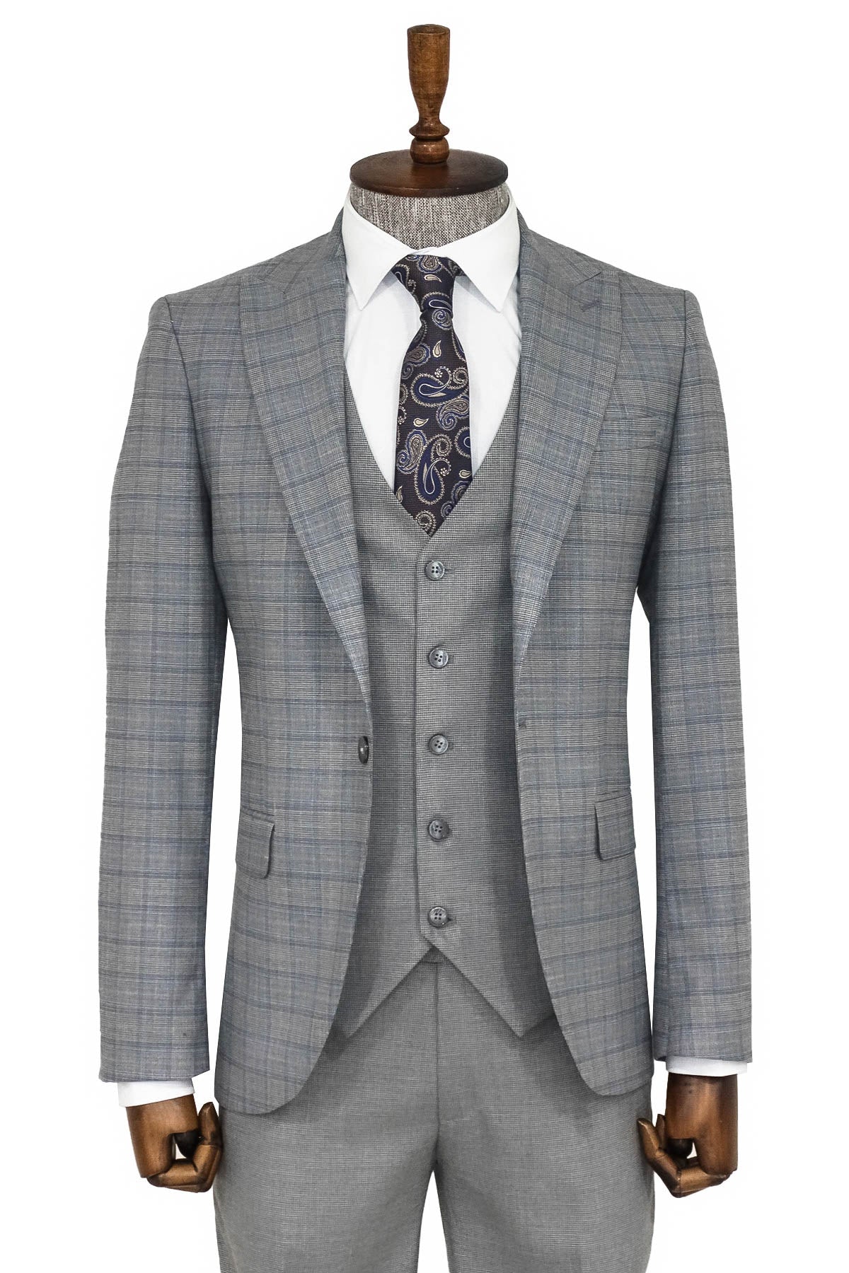 Ekose Ceketli Slim Fit Gri Erkek Takım Elbise - Wessi