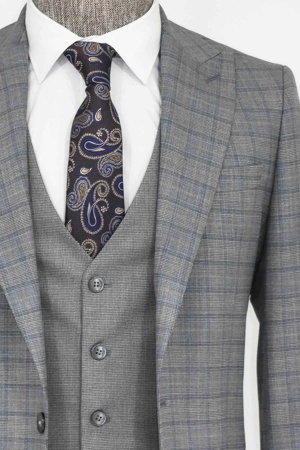 Ekose Ceketli Slim Fit Gri Erkek Takım Elbise - Wessi