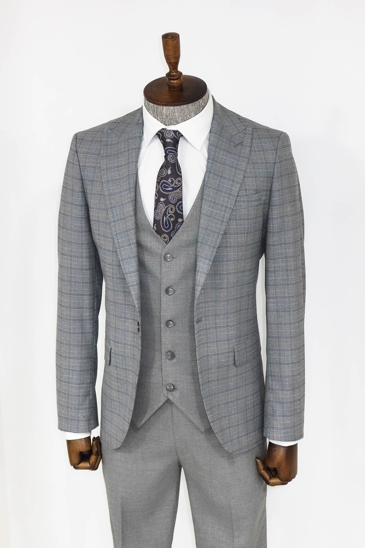 Ekose Ceketli Slim Fit Gri Erkek Takım Elbise - Wessi