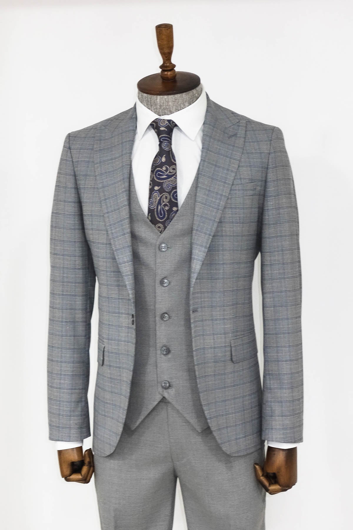 Ekose Ceketli Slim Fit Gri Erkek Takım Elbise - Wessi
