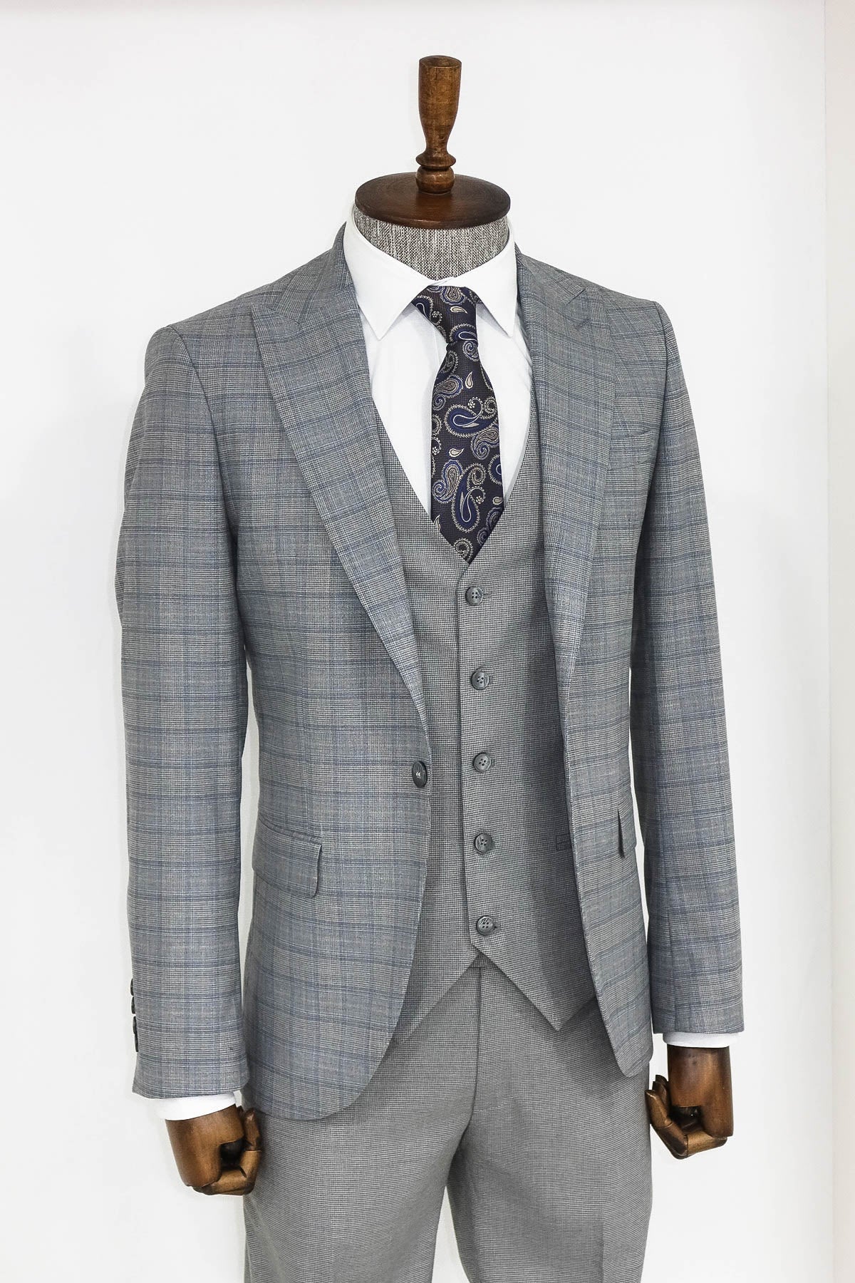 Ekose Ceketli Slim Fit Gri Erkek Takım Elbise - Wessi