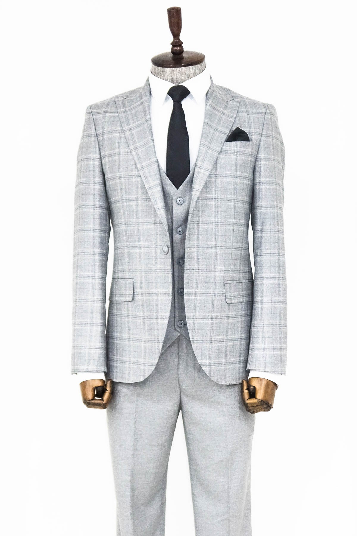 Açık Gri Ekose Ceketli Slim Fit Takım Elbise - Wessi