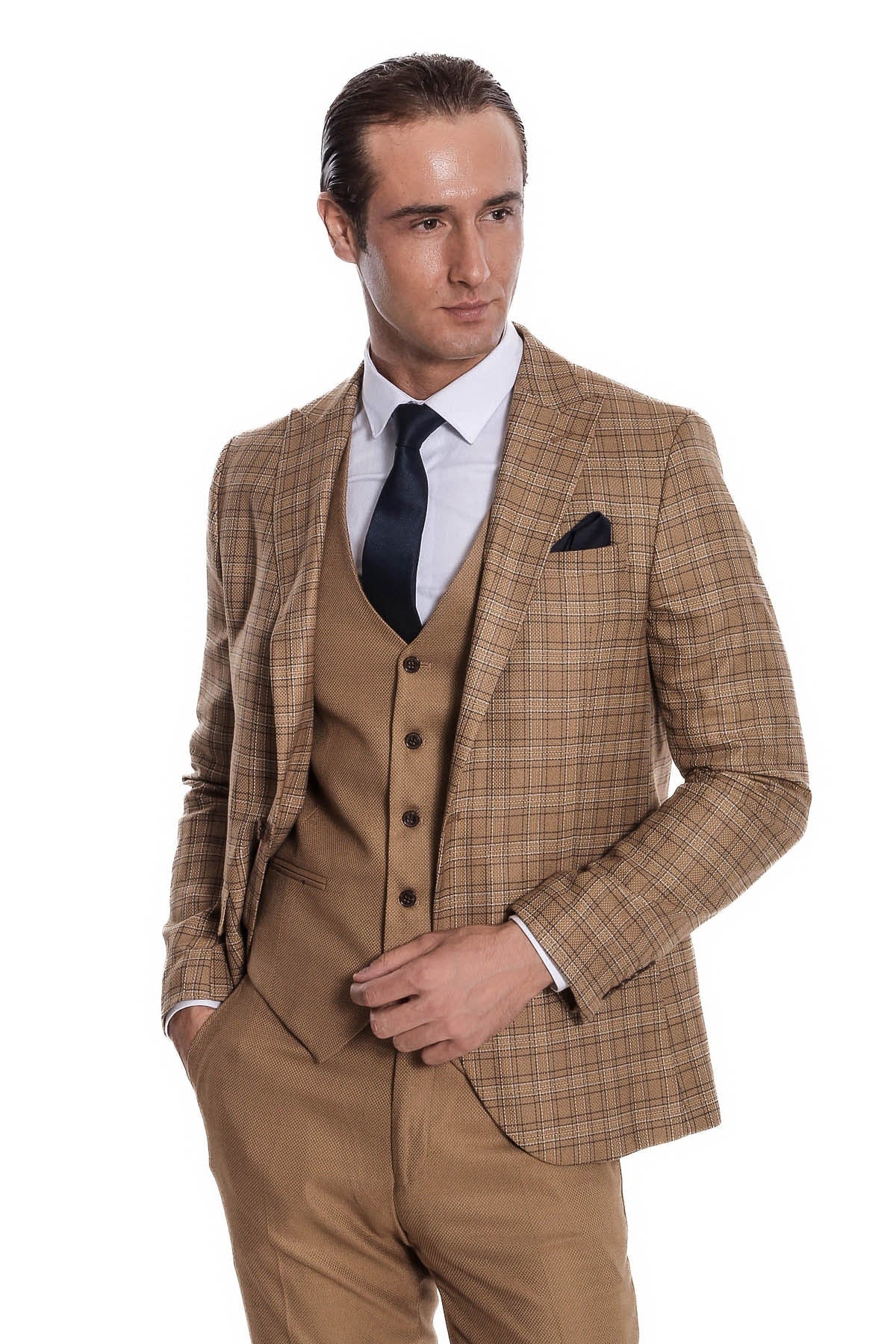 Ekose Ceketli Slim Fit Taba Erkek Takım Elbise - Wessi