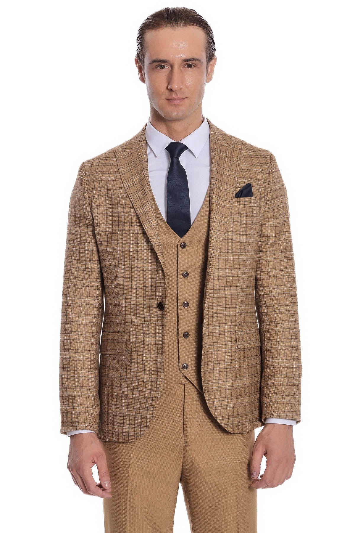 Ekose Ceketli Slim Fit Taba Erkek Takım Elbise - Wessi