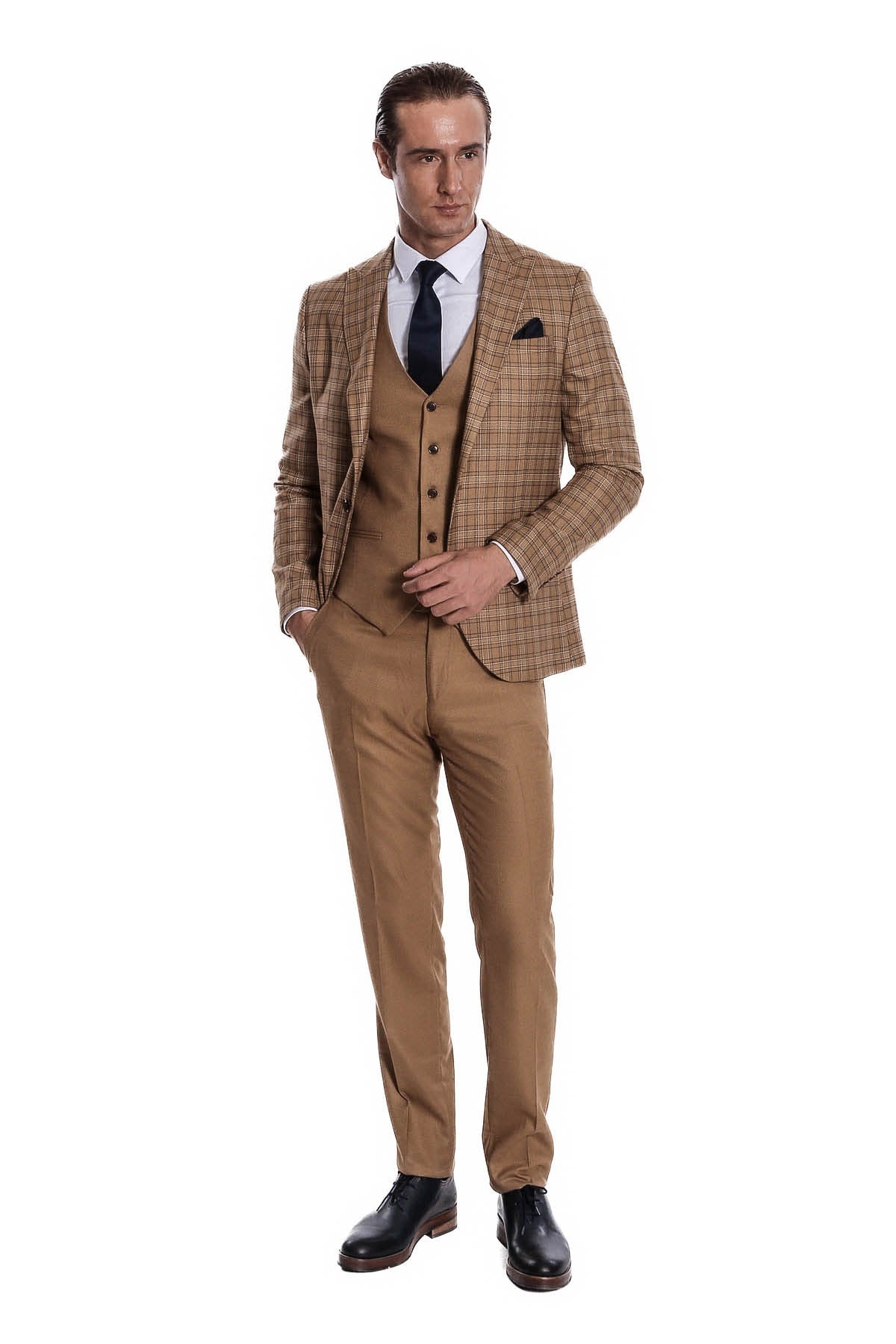 Ekose Ceketli Slim Fit Taba Erkek Takım Elbise - Wessi