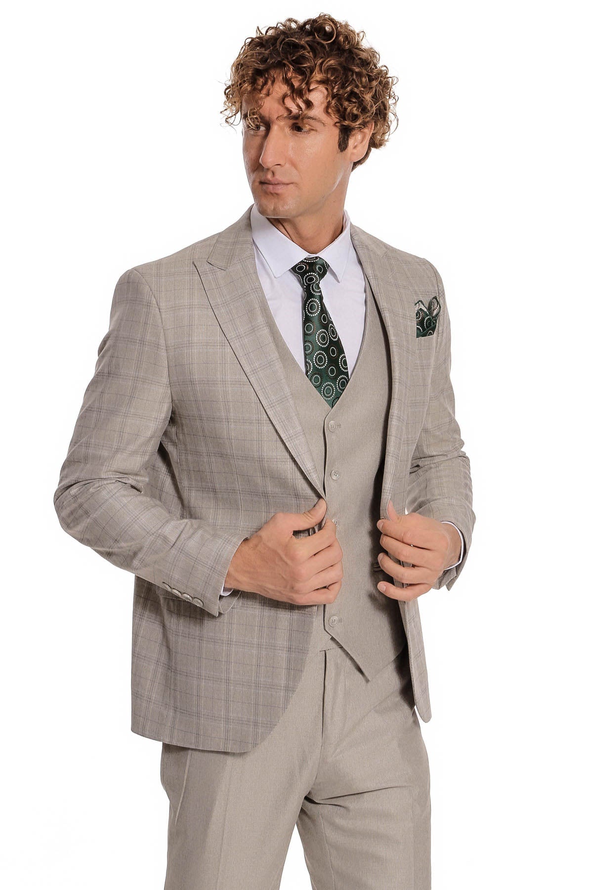 Ekose Ceketli Slim Fit Krem Erkek Takım Elbise - Wessi