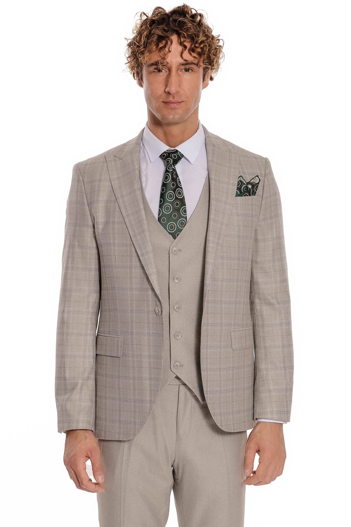 Ekose Ceketli Slim Fit Krem Erkek Takım Elbise - Wessi