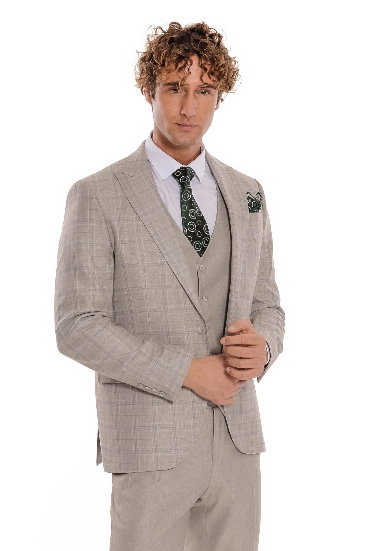 Ekose Ceketli Slim Fit Krem Erkek Takım Elbise - Wessi