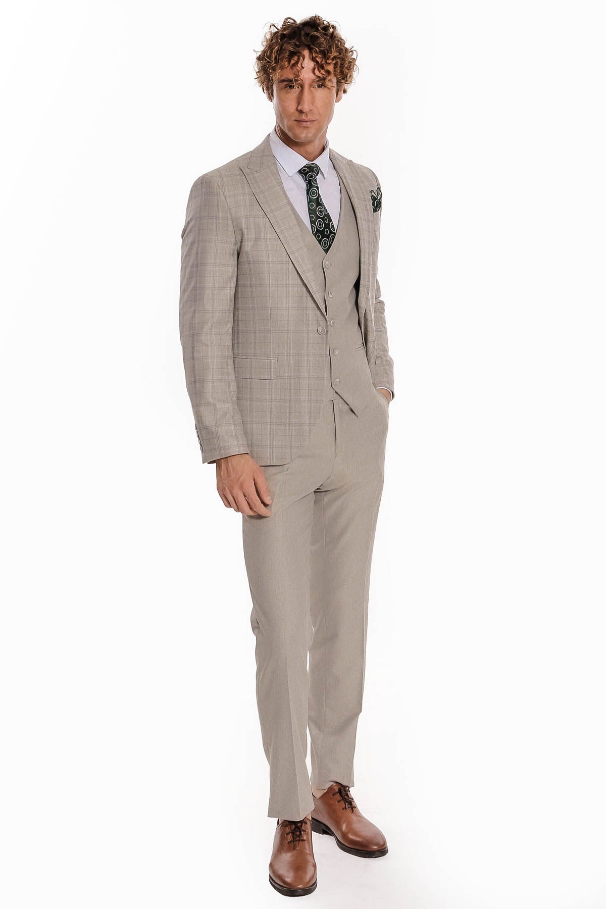 Ekose Ceketli Slim Fit Krem Erkek Takım Elbise - Wessi