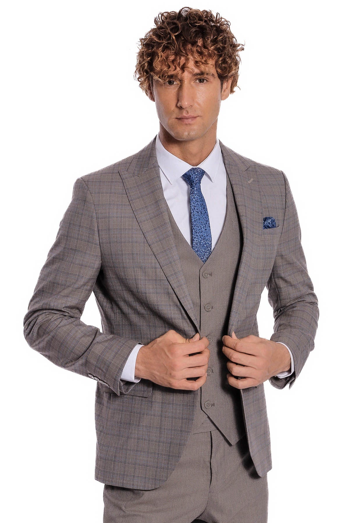 Ekose Ceketli Slim Fit Açık Kahve Erkek Takım Elbise - Wessi