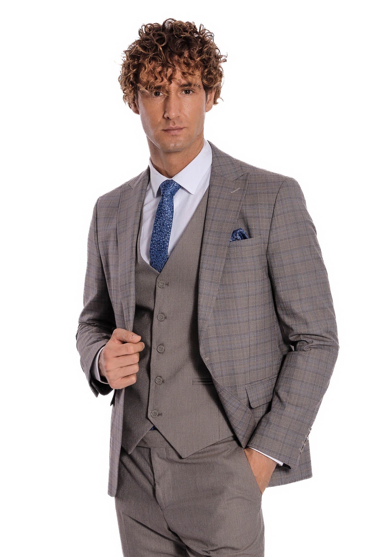 Ekose Ceketli Slim Fit Açık Kahve Erkek Takım Elbise - Wessi